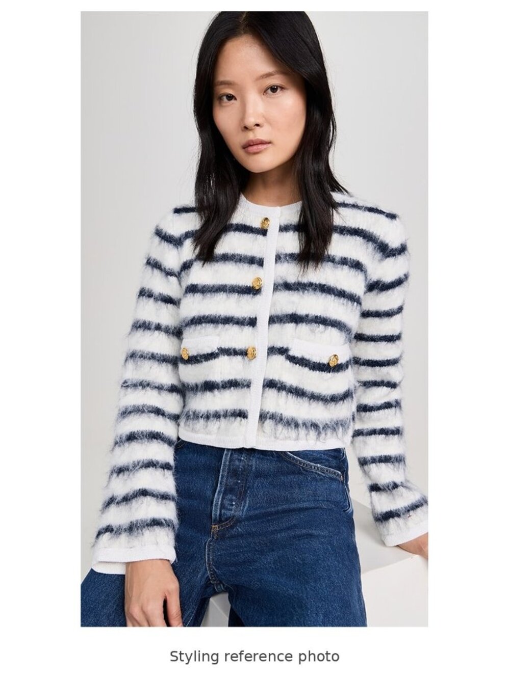 4th & Reckless Janae Striped Fuzzy Cardigan Cream Navy Gold Buttons S